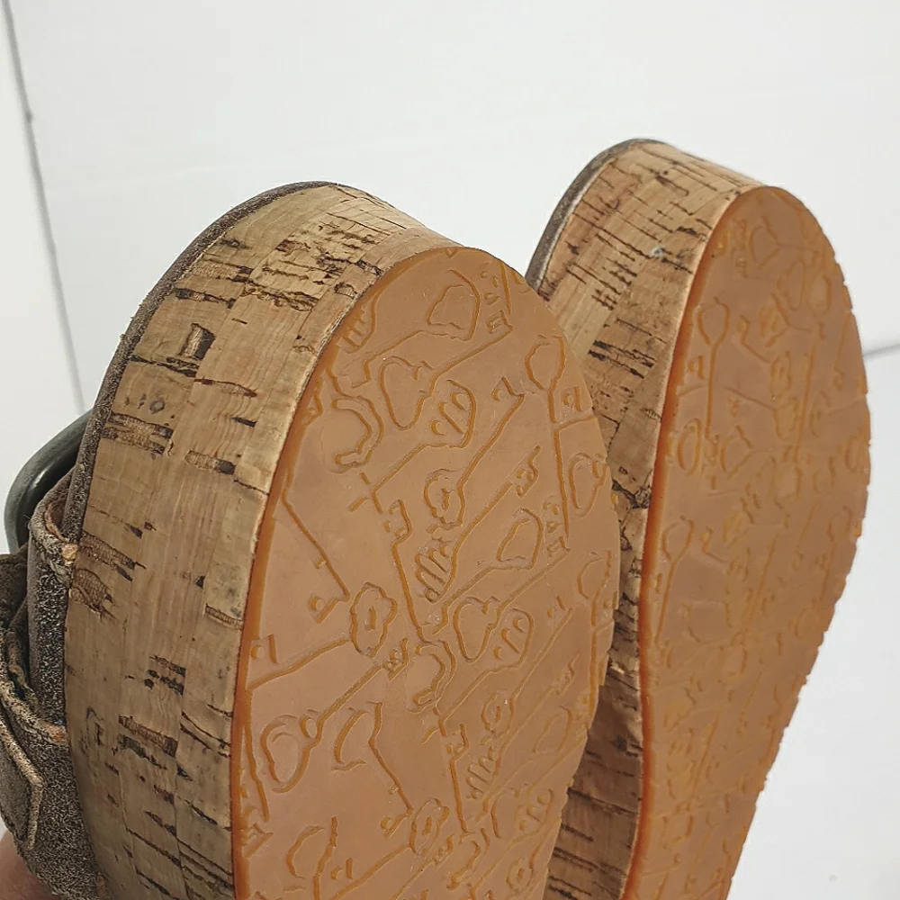 Fossil Malea Platform Slide Sandals Cork wedge metallic leather size 6.5